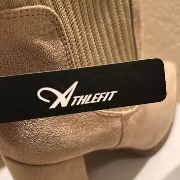 Athlefit Womens 7.5 Pointed Toe Sock Booties Beige Nude Tan Suede Block Heel New - Picture 6 of 9